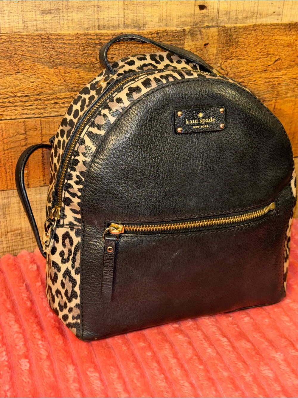 Kate Spade Leopard Print Black Leather Backpack